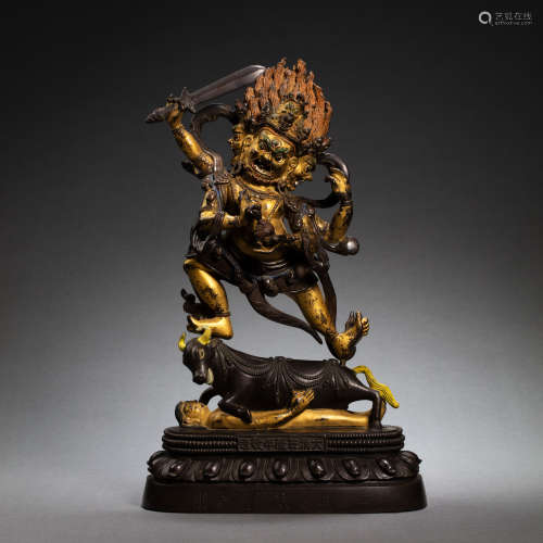 CHINESE QING DYNASTY BRONZE PARTIAL GILDED LIUPIN BUDDHA STA...