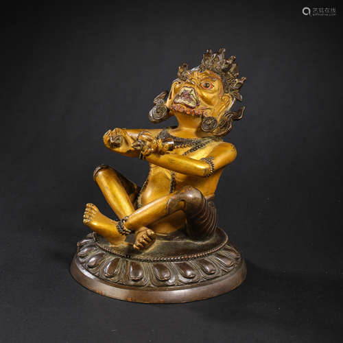 CHINESE QING DYNASTY BRONZE PARTIAL GILDED BUDDHA SEATED STA...