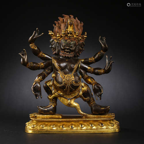 CHINESE QING DYNASTY BRONZE PARTIAL GILDED BUDDHA STATUE