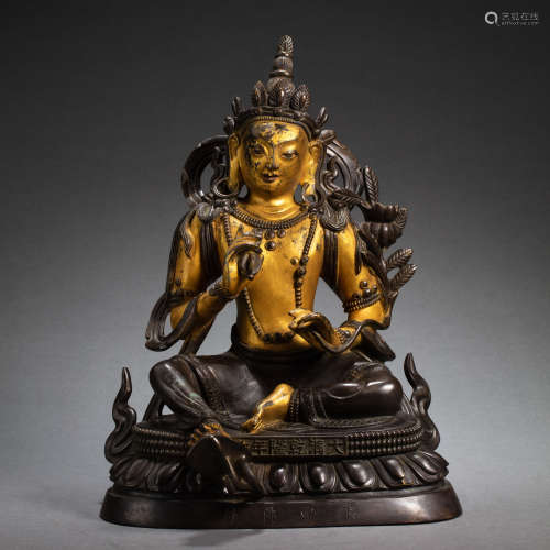 CHINESE QING DYNASTY BRONZE PARTIAL GILDED LIUPIN BUDDHA STA...
