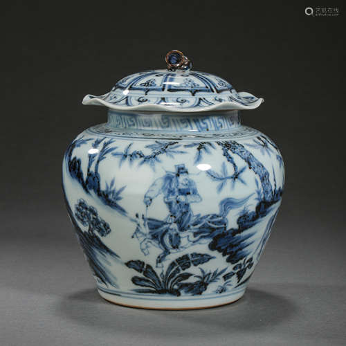 CHINESE MING DYNASTY BLUE AND WHITE LID JAR