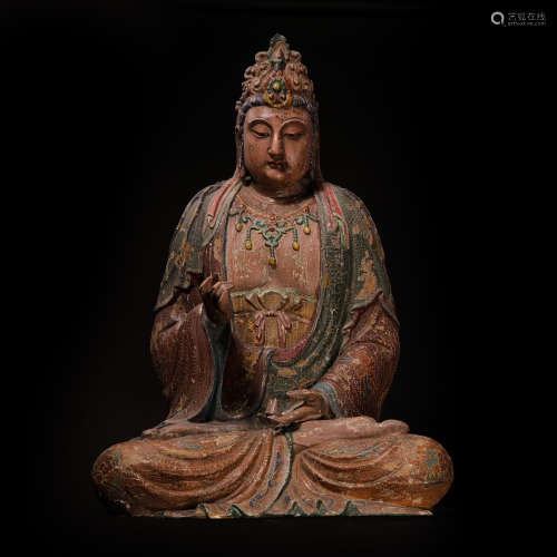 CHINESE MING DYNASTY WOODEN PAINTED SEATED BUDDHA