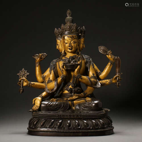 CHINESE QING DYNASTY BRONZE PARTIAL GILDED LIUPIN BUDDHA STA...