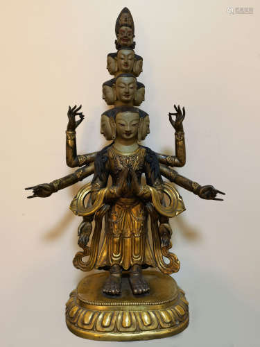 CHINESE QING DYNASTY BRONZE GILDED BUDDHA STANDING STATUE