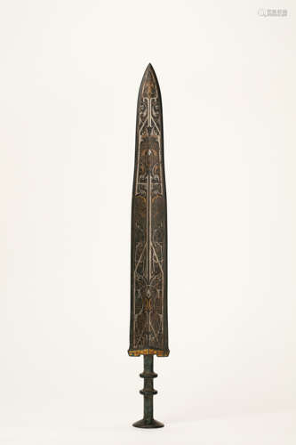 CHINESE WARRING STATES PERIOD BRONZE SWORD  INALID WITH GOLD...