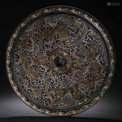 CHINESE HAN DYNASTY BRONZE MIRROR INLAID WITH GOLD AND SILVE...