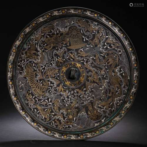 CHINESE HAN DYNASTY BRONZE MIRROR INLAID WITH GOLD AND SILVE...