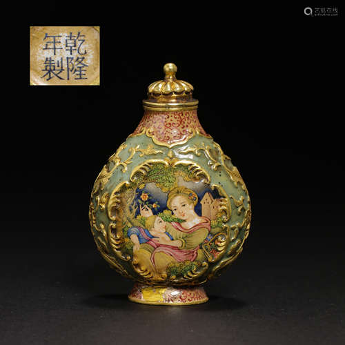 CHINESE QING DYNASTY GOLDEN TIRE PAINTING ENAMEL SNUFF BOTTL...