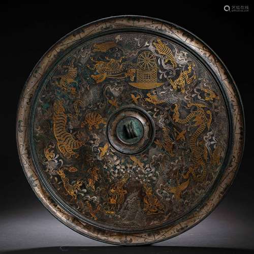 CHINESE WARRING STATES PERIOD BRONZE MIRROR INLAID WITH GOLD...