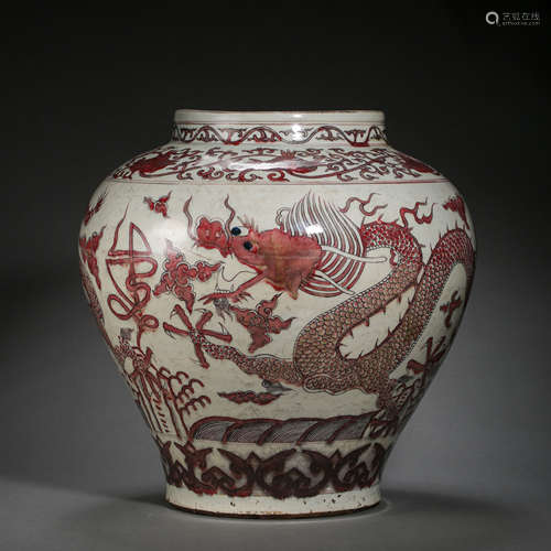 CHINESE MING DYNASTY GLAZED RED DRAGON PATTERN JAR