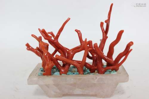 Coral w Rose Quartz Crystal Planter