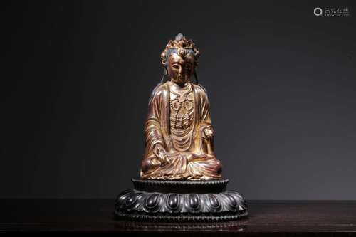 Chinese Lacquer Wood Carved Guanyin w Zitan Stand