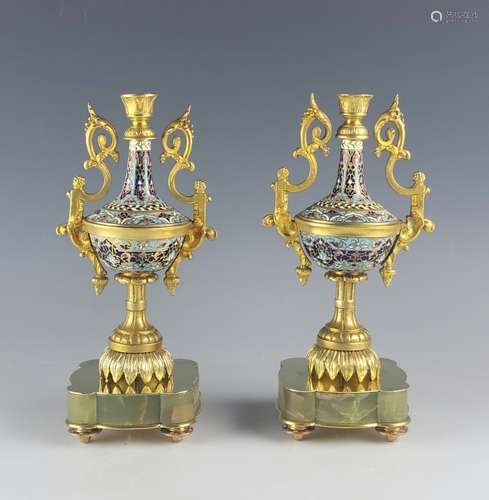 Antique French Bronze Enamel Candleholders