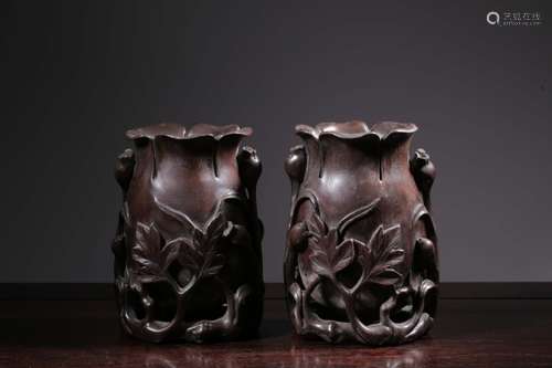 Pair of Chinese Chengxiang Wood Carved Cups