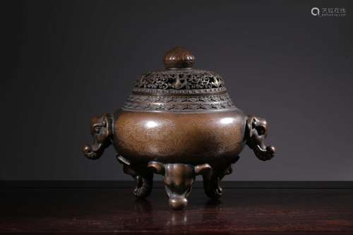 Chinese Bronze Tripod Censer,Silver inlaid