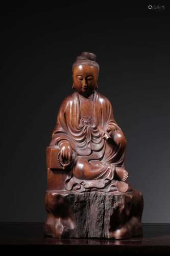 Chinese Huangyang Wood Carved Guanyin Statue