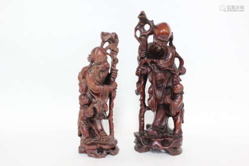 Two Chinese Wood Carved Shou Figural