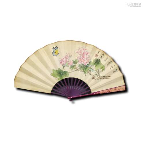 Chinese Fan w Birds, Flowers and Calligraphy