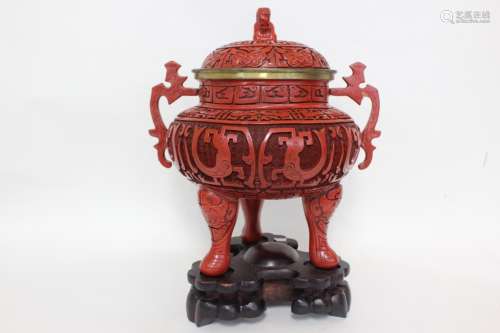 Large Chinese Cinnerbar Tripod Censer w Wood Stand