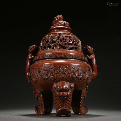 Bamboo carving phoenix pattern animal ear incense burner