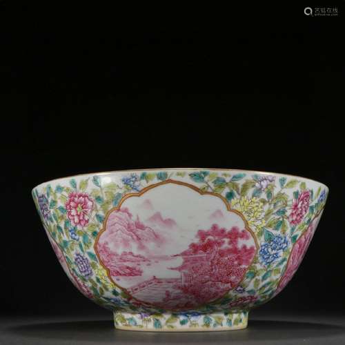 Enamel large bowl with landscape and flower pattern