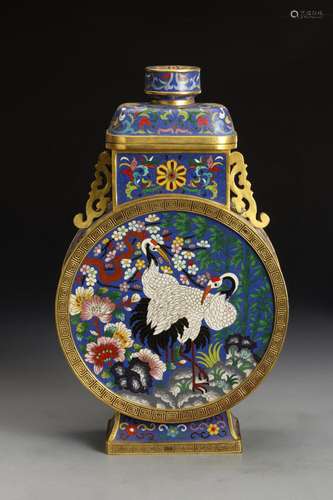 Cloisonne enamel flower and bird pattern flat bottle