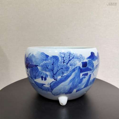 Blue and white three-legged censer