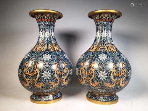 Pair of cloisonné sapphire blue bottom chilong treasure patt...