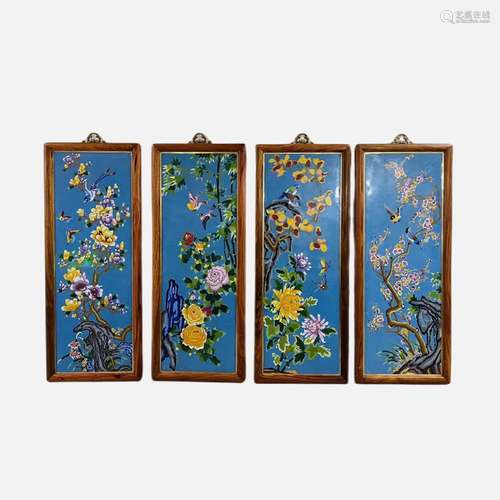 A set of rosewood inlaid cloisonne four seasons flower and b...