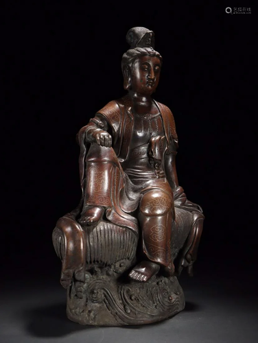 A Bronze with Silver Inlaid Seated Guanyin Statue