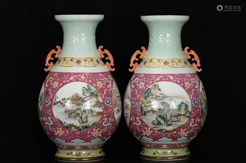 A Pair of Fencai Porcelain Vases