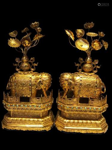 A Pair of Gilt Bronze Elephant Statues