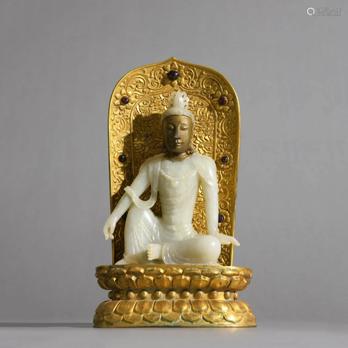 Carved Chinese White Jade Seated Guanyin Statue, Qing Dynast...