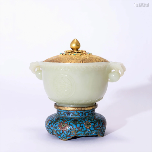 Carved Chinese White Jade Longevity Square Bowl and Cover