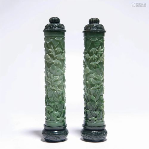 Pair of Spinach-Green Jade Landscape Parfumiers