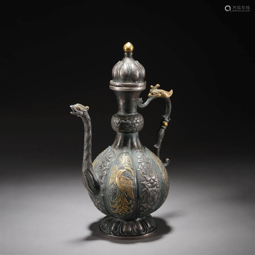 Sterling silver gilding 'PHOENIX' ewer, Qing Dynas...