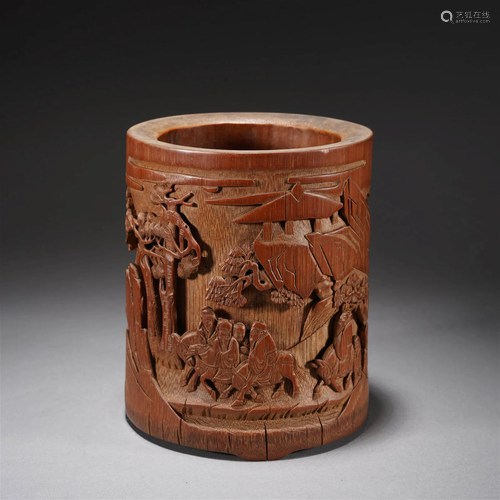 Carved bamboo 'FIGURE STORY' brush holder, Qing Dy...