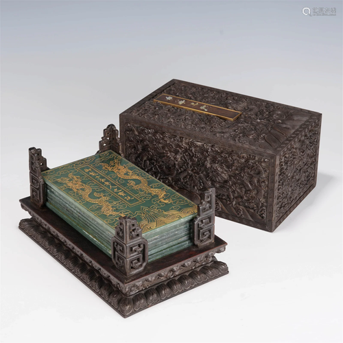 Inscribed green jade ornaments with red sandalwood box, Qing...