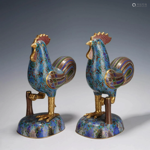 A pair of cloisonne enamel roosters