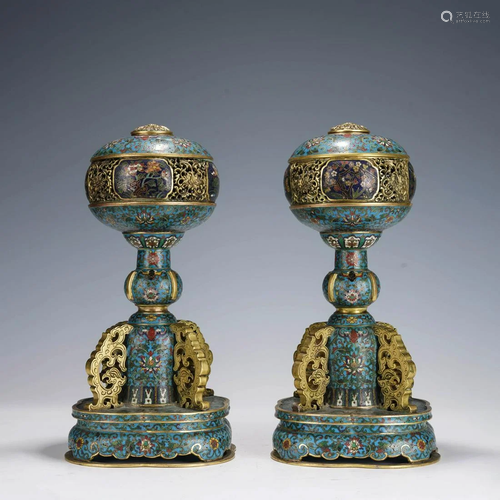 A pair of cloisonne enamel hat stands