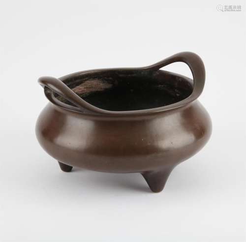 A Large Chinese Bronze Two Handled Censer. Qing dynasty. The...