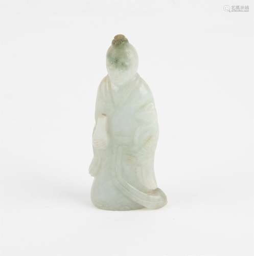 Chinese pale greenish grey jade figure. The figure holding a...