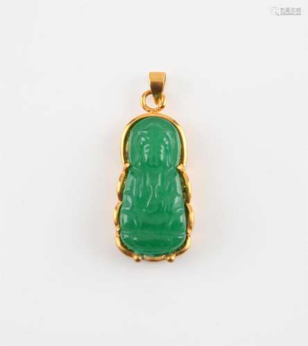 Chinese jadeite Guanyin pendant. Marked 18K to the loop susp...