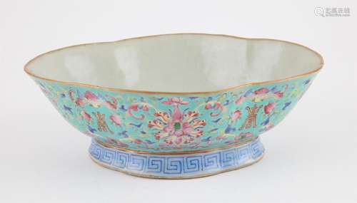 A Chinese Lobed Pedestal Bowl, Qing dynasty Painted with flo...