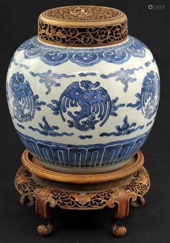 A Blue and White Phoenix Jar with Wooden Lid and Cover paint...