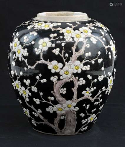 A Chinese Famille Noire Jar, Qing dynasty painted with flowe...