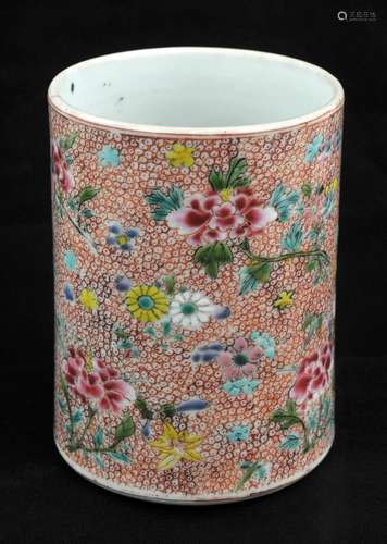 A Chinese Famille Rose Brush Pot Bitong. 19th century decora...