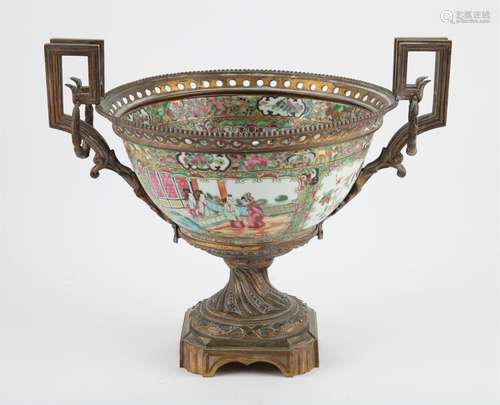 A Chinese Canton Famille Rose Punch Bowl with Gilt Bronze Mo...