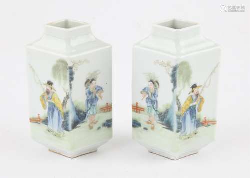 A pair of Chinese lozenge shaped vases, Republic period or l...