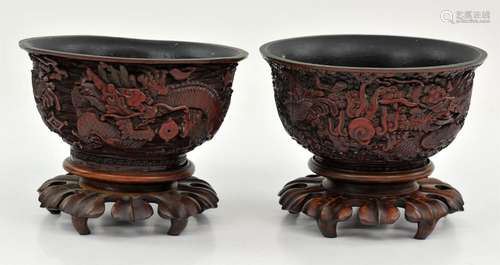 A Pair of Chinese Cinnabar Bowls with Dragons , Late Qing dy...